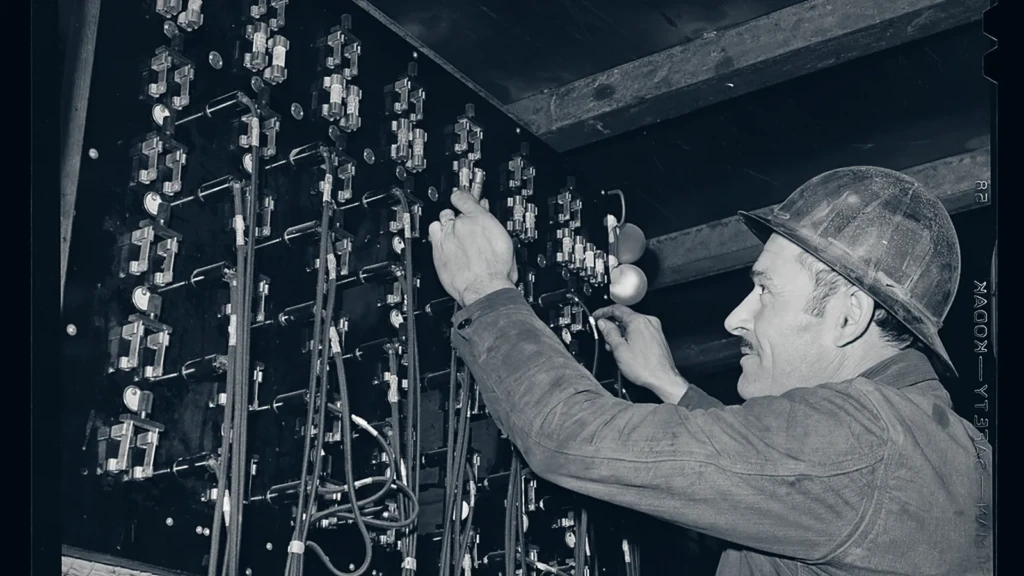 Opérateur devant un standard téléphonique, fiches en main