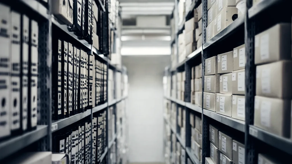 Allée entre deux rayonnages d'archives